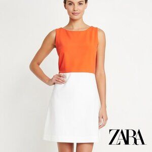 Zara Basic 60s Mod Style Color Block Shift Dress Orange White Size M